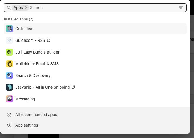 Shopify Apps menu with installed apps