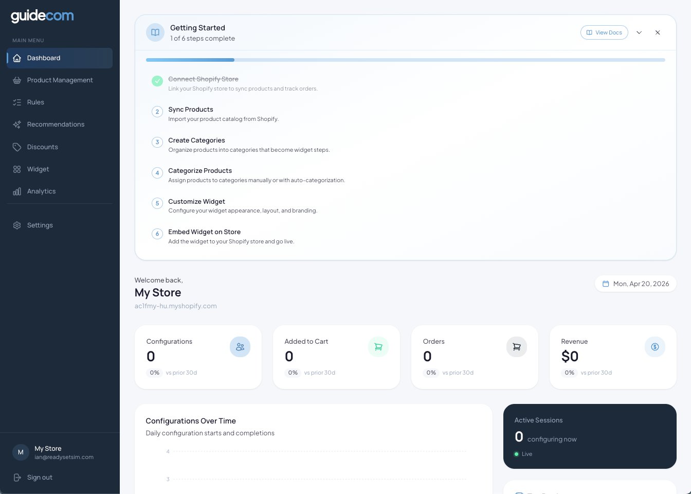 Guidecom dashboard after first login