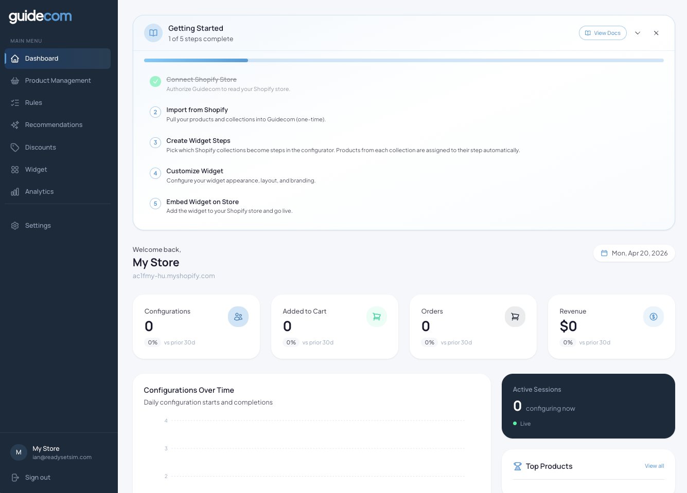 Guidecom dashboard with Product Management highlighted