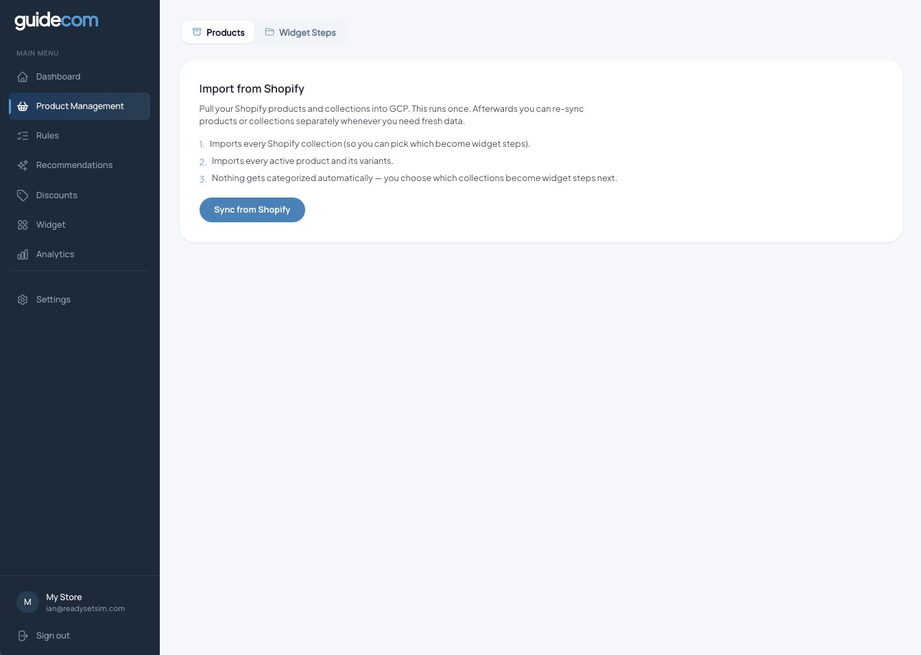 Import from Shopify screen with Sync button