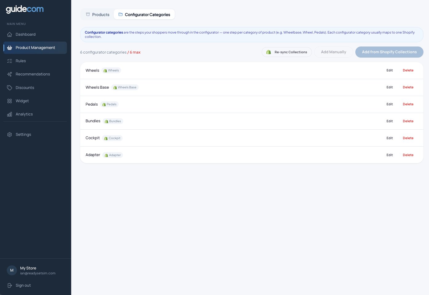 Created configurator categories list