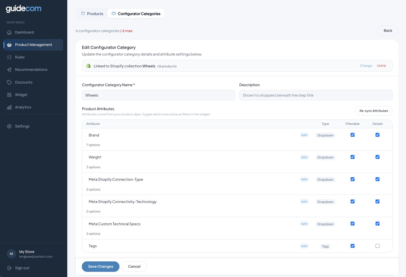 Edit configurator category screen