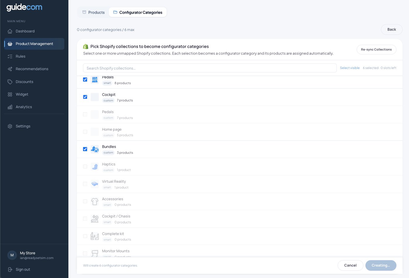 Collections selected and ready to create