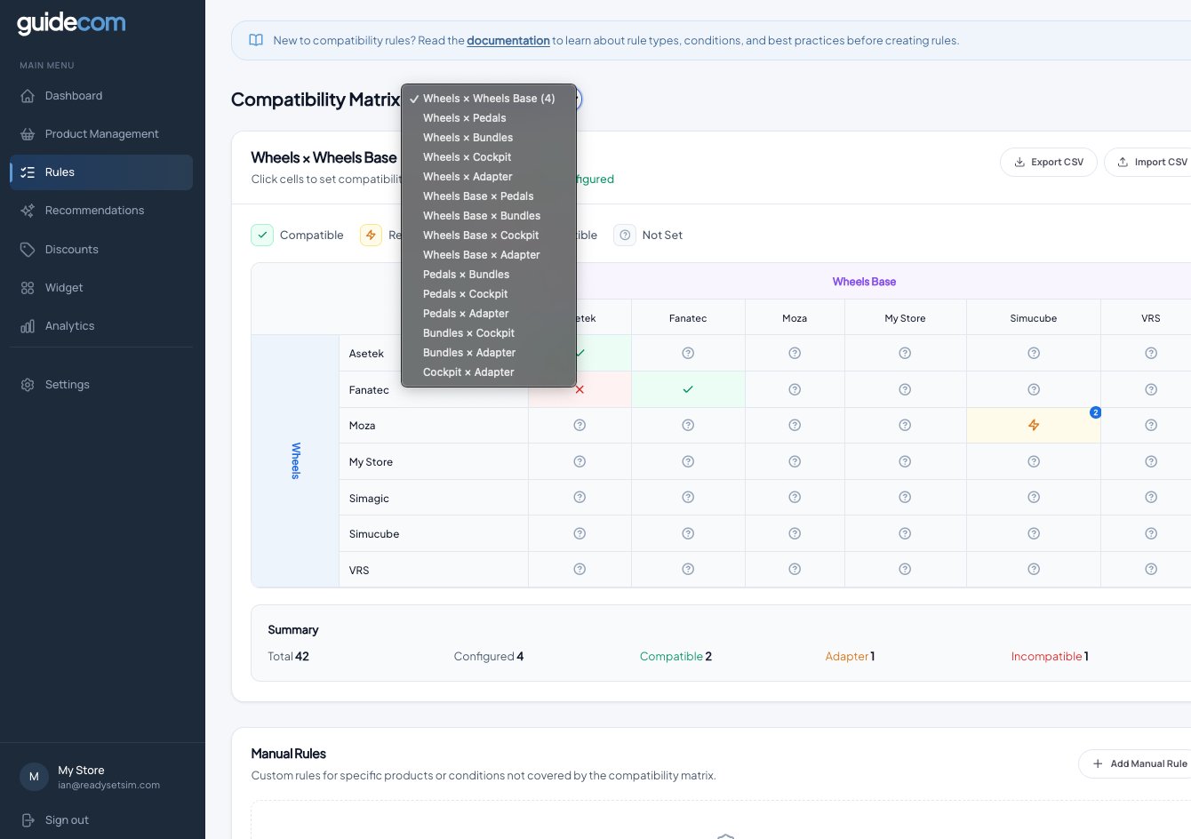 Compatibility matrix category pair dropdown