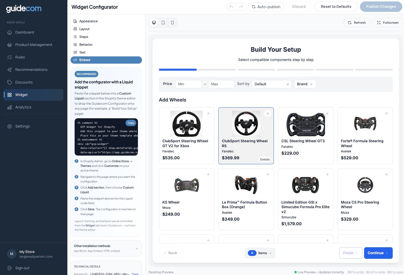 Embed tab with code snippet and instructions
